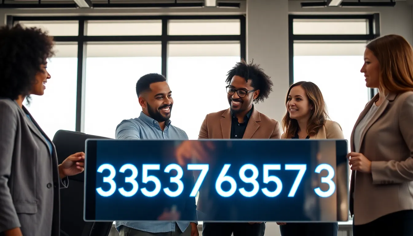 professionals discussing the significance of the number 3533758573 in a modern office.